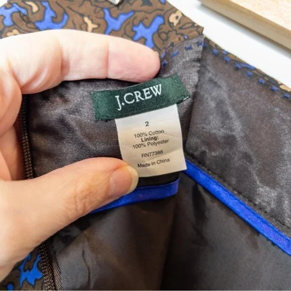 J Crew Womens Size 2 Pencil Skirt Blue Brown Print Cotton Slit Mini Wear to Work - Picture 6 of 8
